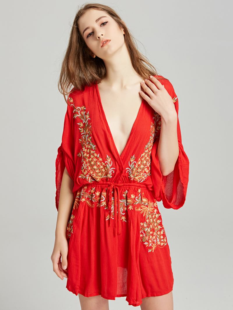 Boho Vestido Vermelho Algodão Profundo Decote Em V Manga Longa Trompete Boêmio Cigano Bordado Férias Primavera Outono Mini Praia Para Mulher - Vermelho