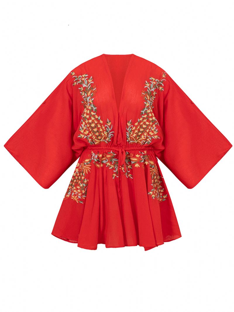 Boho Vestido Vermelho Algodão Profundo Decote Em V Manga Longa Trompete Boêmio Cigano Bordado Férias Primavera Outono Mini Praia Para Mulher - Vermelho