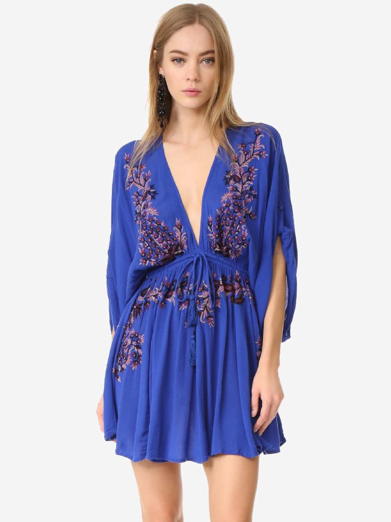 Boho Vestido Vermelho Algodão Profundo Decote Em V Manga Longa Trompete Boêmio Cigano Bordado Férias Primavera Outono Mini Praia Para Mulher - Azul