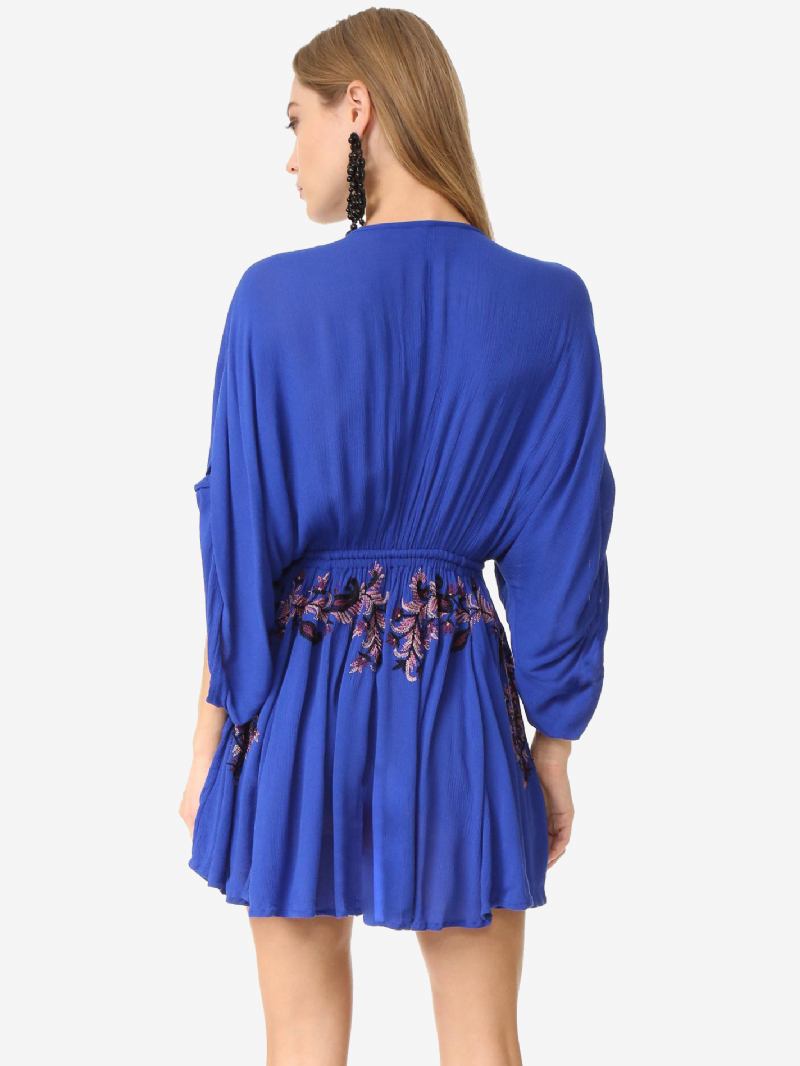 Boho Vestido Vermelho Algodão Profundo Decote Em V Manga Longa Trompete Boêmio Cigano Bordado Férias Primavera Outono Mini Praia Para Mulher - Azul