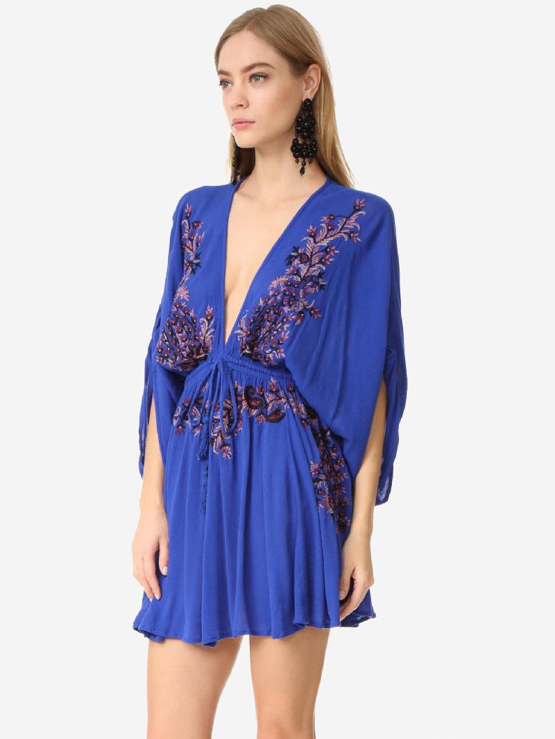 Boho Vestido Vermelho Algodão Profundo Decote Em V Manga Longa Trompete Boêmio Cigano Bordado Férias Primavera Outono Mini Praia Para Mulher - Azul