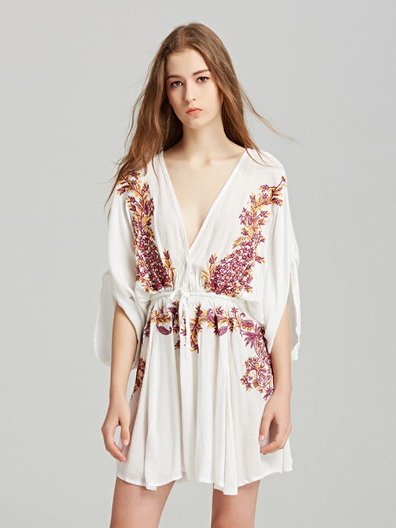 Boho Vestido Vermelho Algodão Profundo Decote Em V Manga Longa Trompete Boêmio Cigano Bordado Férias Primavera Outono Mini Praia Para Mulher - Branco