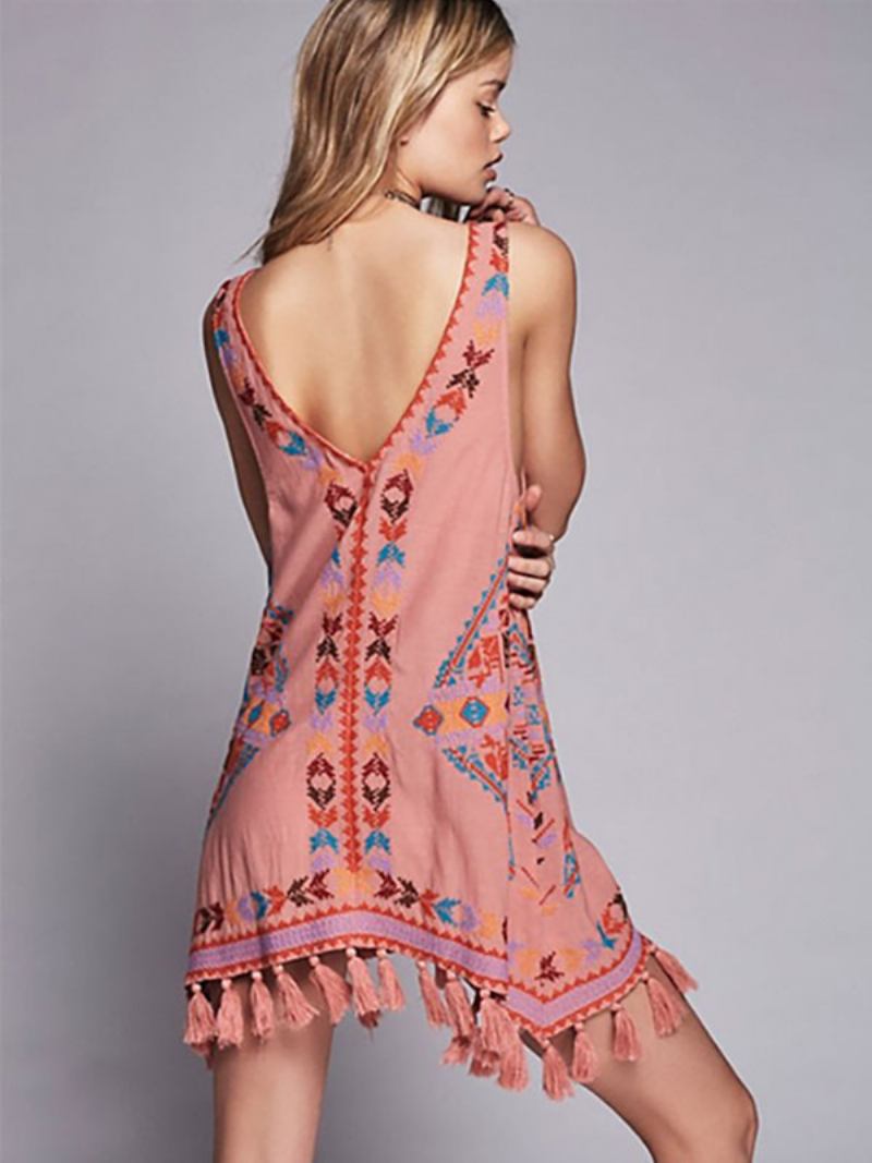 Vestido Boho Bordado Rosa Com Decote Em V Sem Mangas Boêmio Cigano Praia Férias Verão Curto Regata Para Mulheres - Rosa