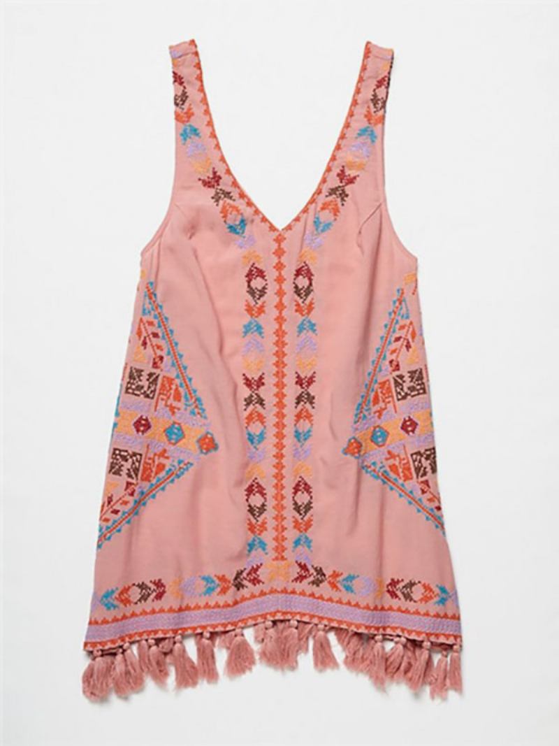 Vestido Boho Bordado Rosa Com Decote Em V Sem Mangas Boêmio Cigano Praia Férias Verão Curto Regata Para Mulheres - Rosa