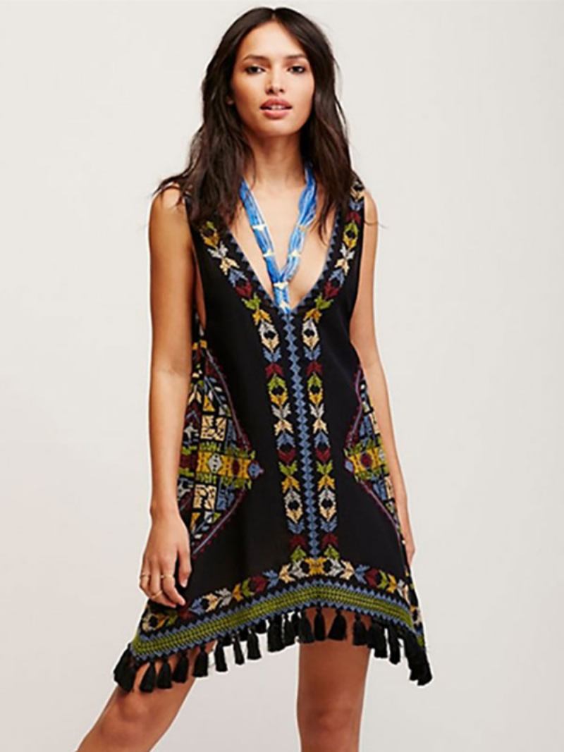 Vestido Boho Bordado Rosa Com Decote Em V Sem Mangas Boêmio Cigano Praia Férias Verão Curto Regata Para Mulheres - Preto