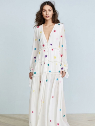 Vestido Boho Branco Algodão Com Decote Em V Profundo Manga Comprida Padrão Estrela Boêmio Cigano Praia Férias Primavera Outono Longo Camadas Para Mulheres