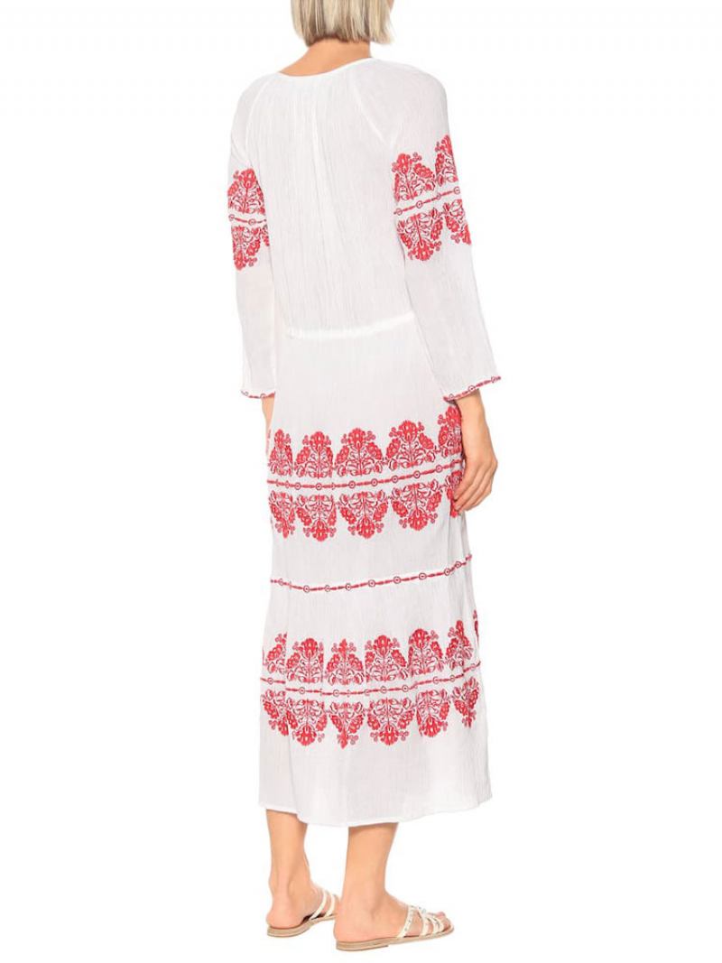 Vestido Boho Branco Com Gola Redonda Manga Longa Boêmio Cigano Bordado Férias Primavera Outono Longo Praia Para Mulheres - Branco