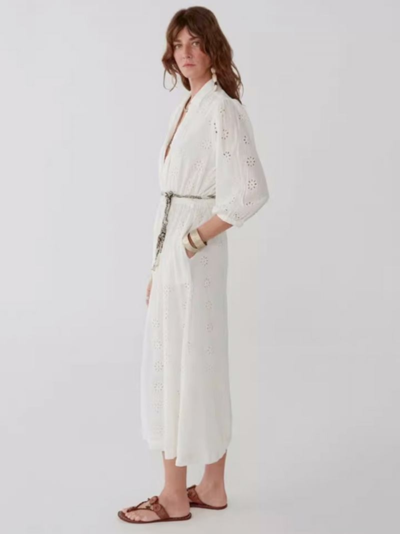 Vestido Boho Branco Elegante Feminino Baixo Para Cima Com Cinto Oco Vestidos Verão - Bege