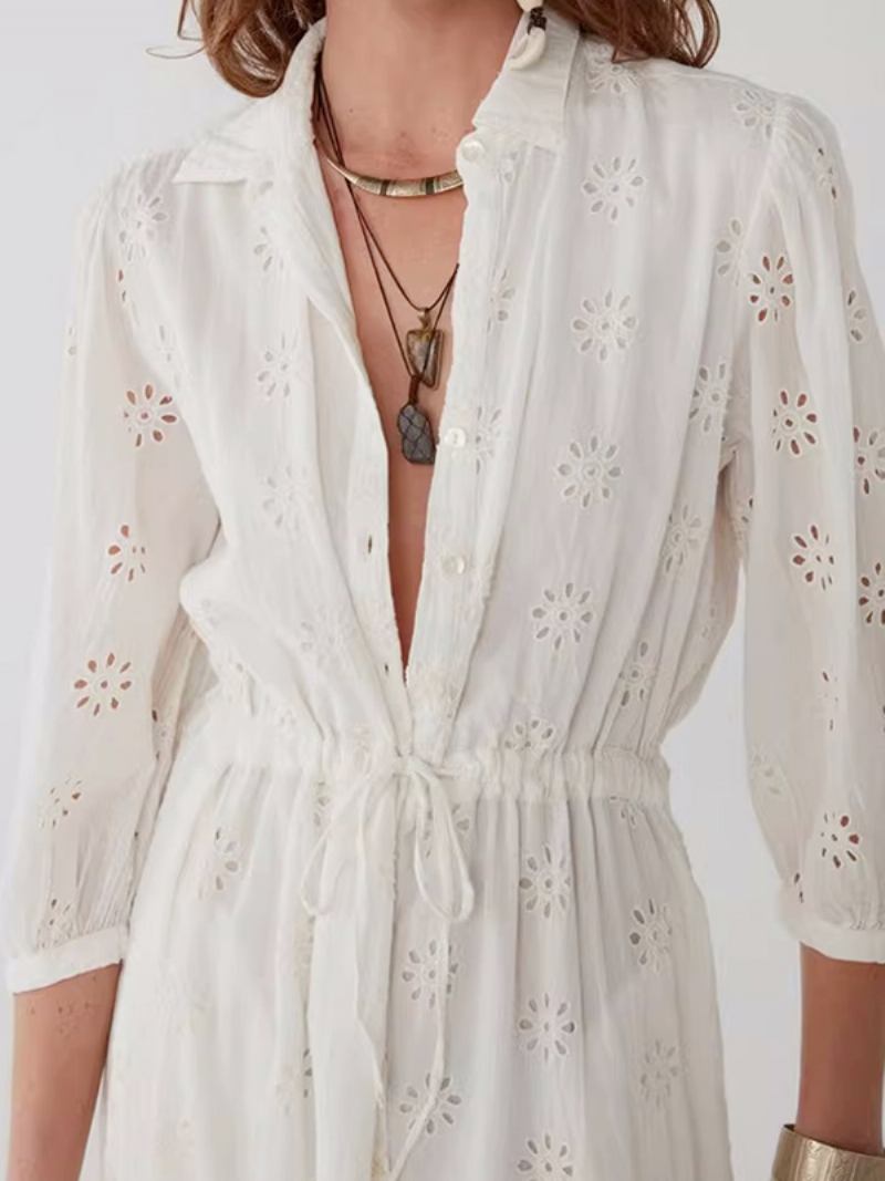 Vestido Boho Branco Elegante Feminino Baixo Para Cima Com Cinto Oco Vestidos Verão - Bege