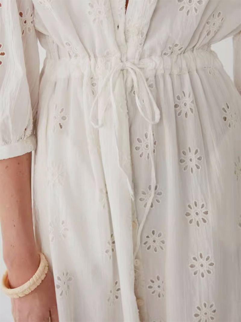 Vestido Boho Branco Elegante Feminino Baixo Para Cima Com Cinto Oco Vestidos Verão - Bege