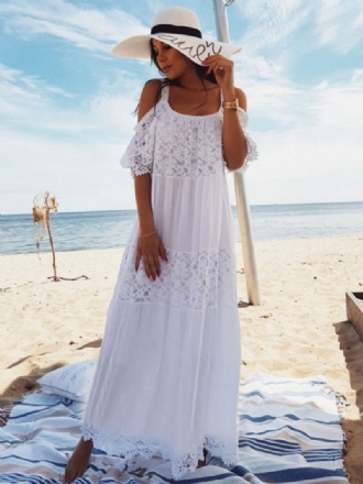 Vestido Boho Branco Feminino Maxi Renda Meia Manga Ombro Frio Praia