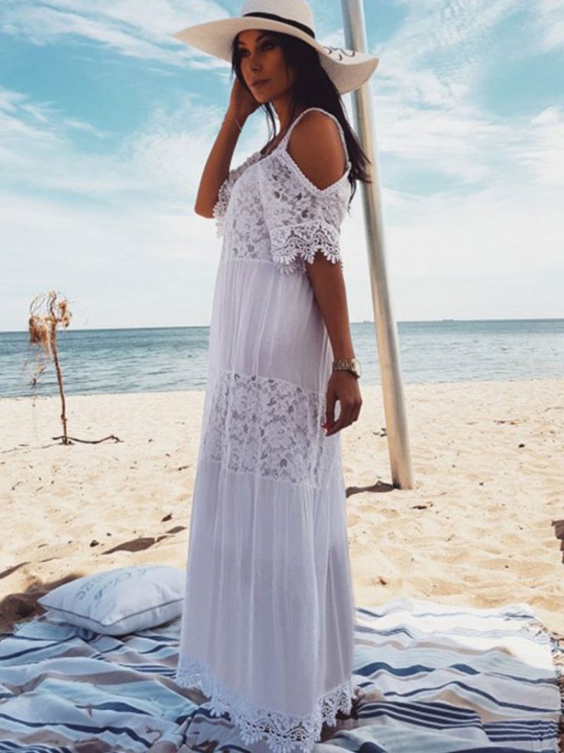 Vestido Boho Branco Feminino Maxi Renda Meia Manga Ombro Frio Praia - Branco