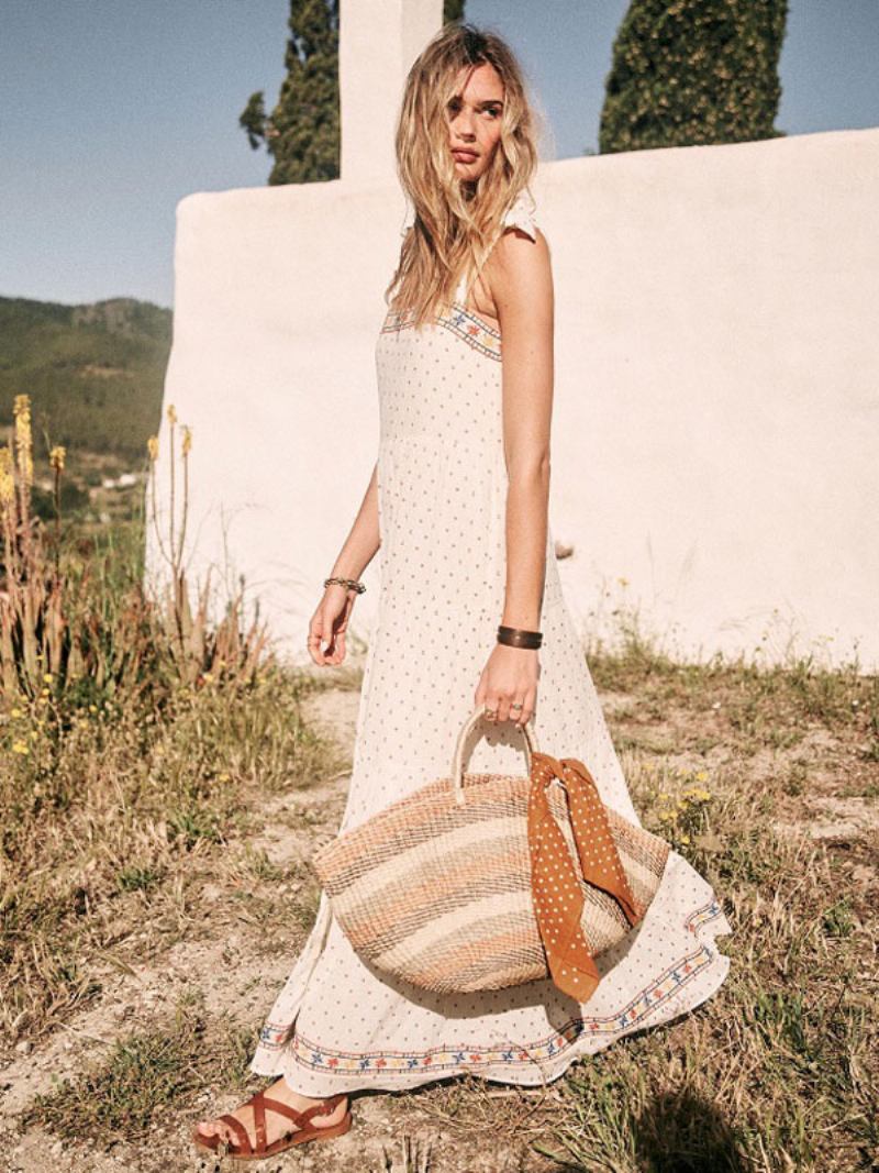 Vestido Boho Branco Sem Mangas Boêmio Cigano Praia Férias Verão Maxi Deslizante Para Mulheres - Branco