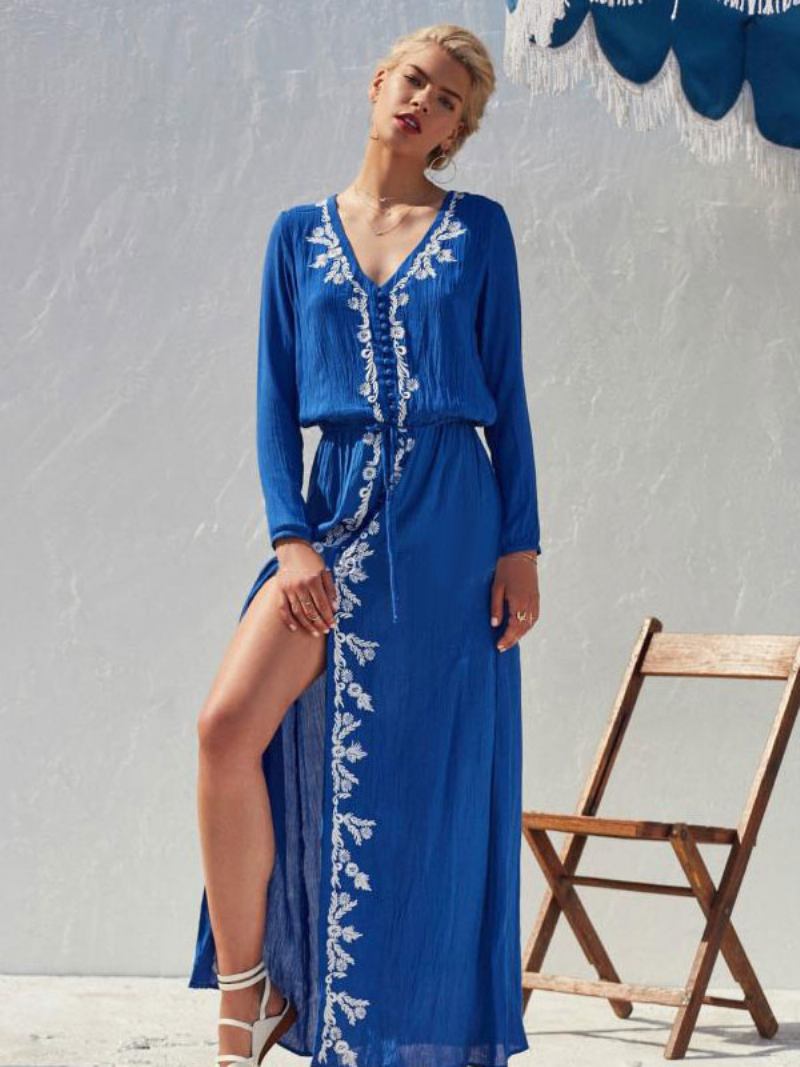 Vestido Boho Claro Céu Azul Com Decote Em V Mangas Compridas Alta Divisão Bordado Boêmio Cigano Praia Férias Primavera Verão Longo Para Mulheres