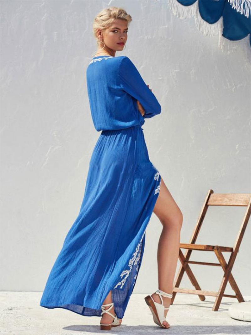 Vestido Boho Claro Céu Azul Com Decote Em V Mangas Compridas Alta Divisão Bordado Boêmio Cigano Praia Férias Primavera Verão Longo Para Mulheres - Azul Céu Claro