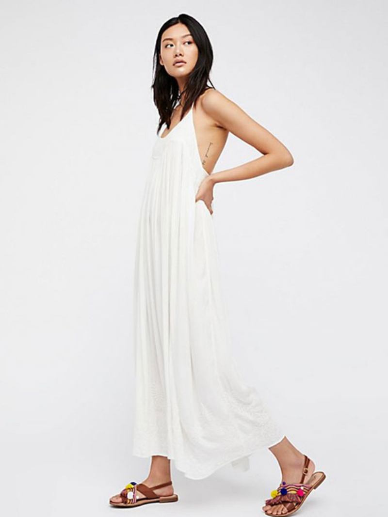 Vestido Boho Com Alças No Pescoço Sem Mangas Coral Boêmio Cigano Praia Férias Verão Longo Deslizante Para Mulheres - Branco