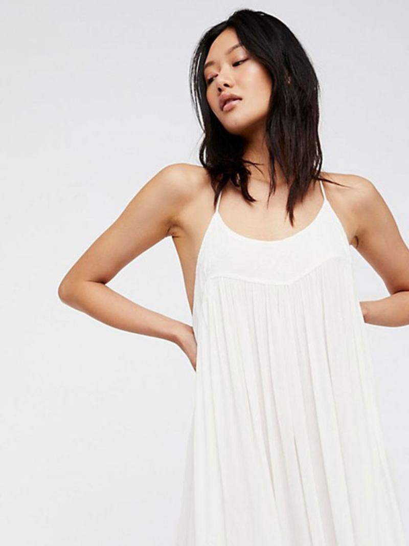 Vestido Boho Com Alças No Pescoço Sem Mangas Coral Boêmio Cigano Praia Férias Verão Longo Deslizante Para Mulheres - Branco