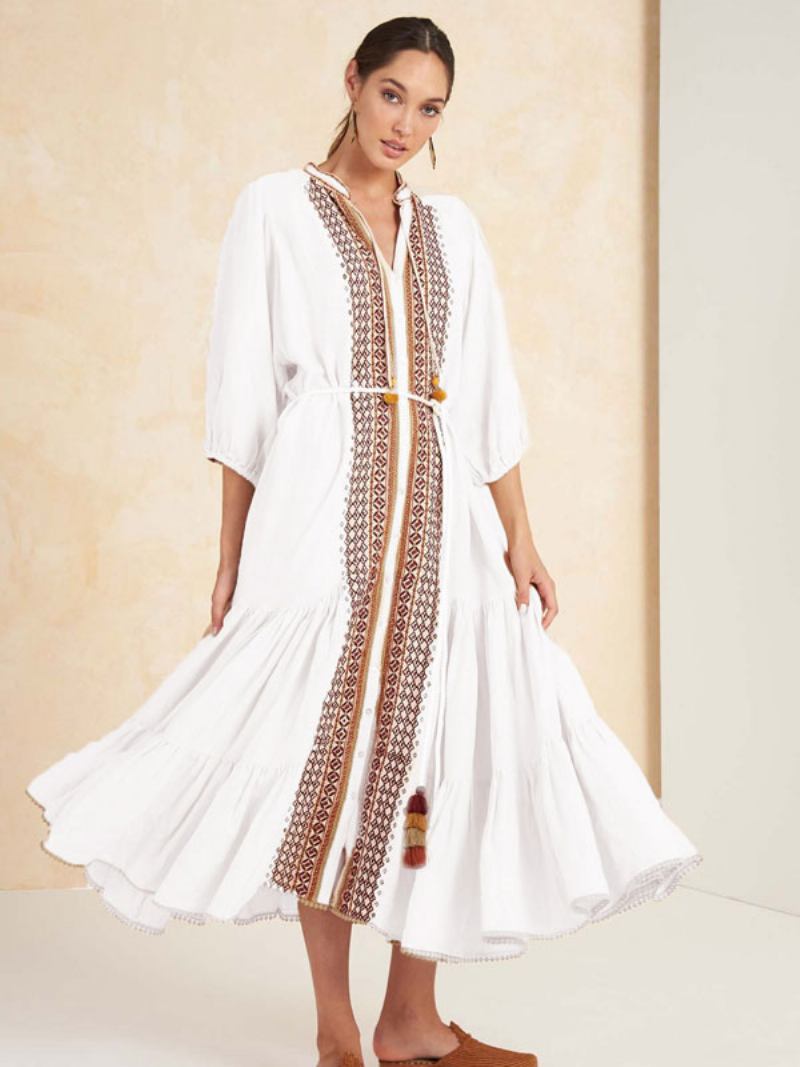 Vestido Boho Com Decote Em V Mangas 3/4. Leve Damasco Bordado Boêmio Cigano Praia Férias Primavera Verão Midi Para Mulheres - Branco