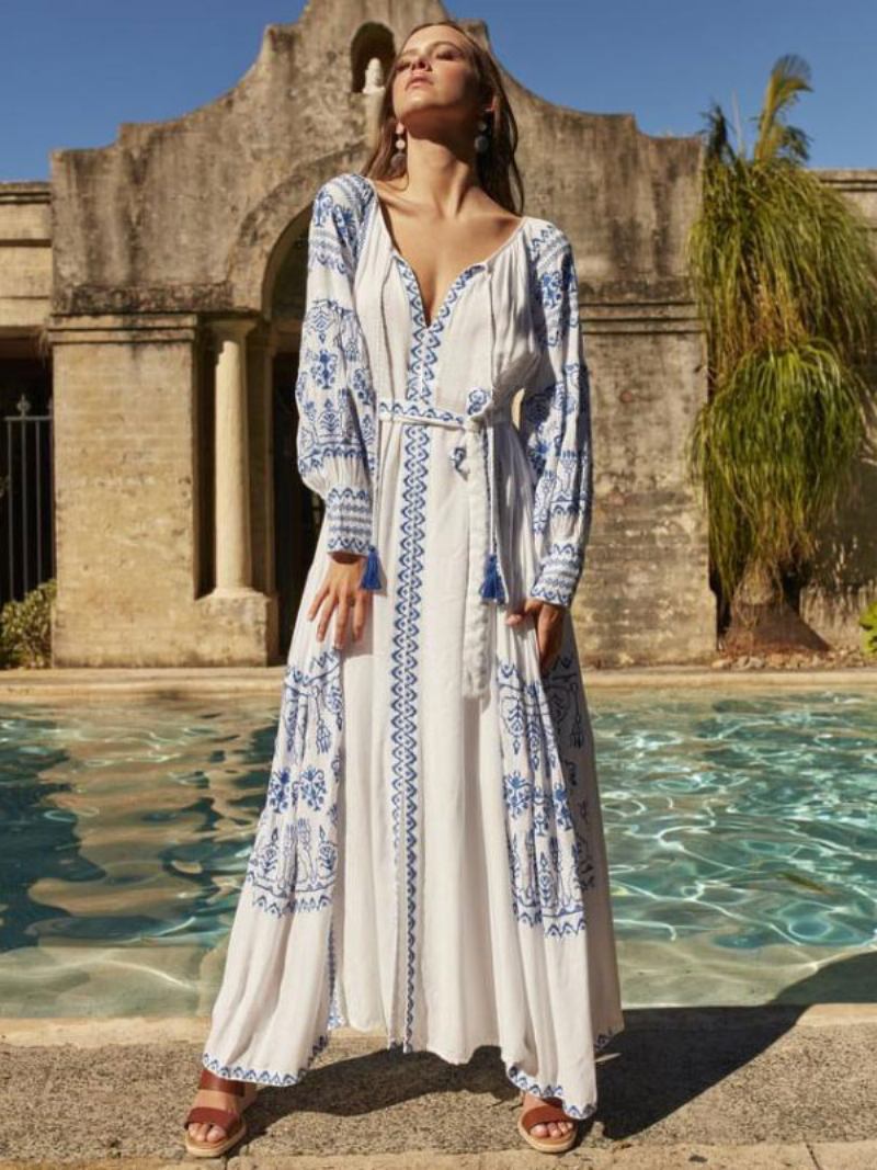 Vestido Boho Com Decote Em V Mangas Compridas Boêmio Cigano Praia Férias Branco Primavera Verão Maxi Cinto Para Mulheres