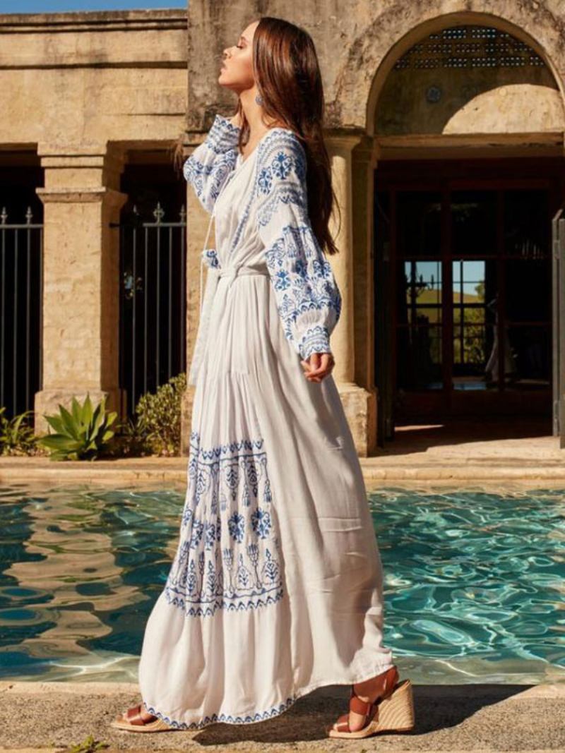 Vestido Boho Com Decote Em V Mangas Compridas Boêmio Cigano Praia Férias Branco Primavera Verão Maxi Cinto Para Mulheres - Branco