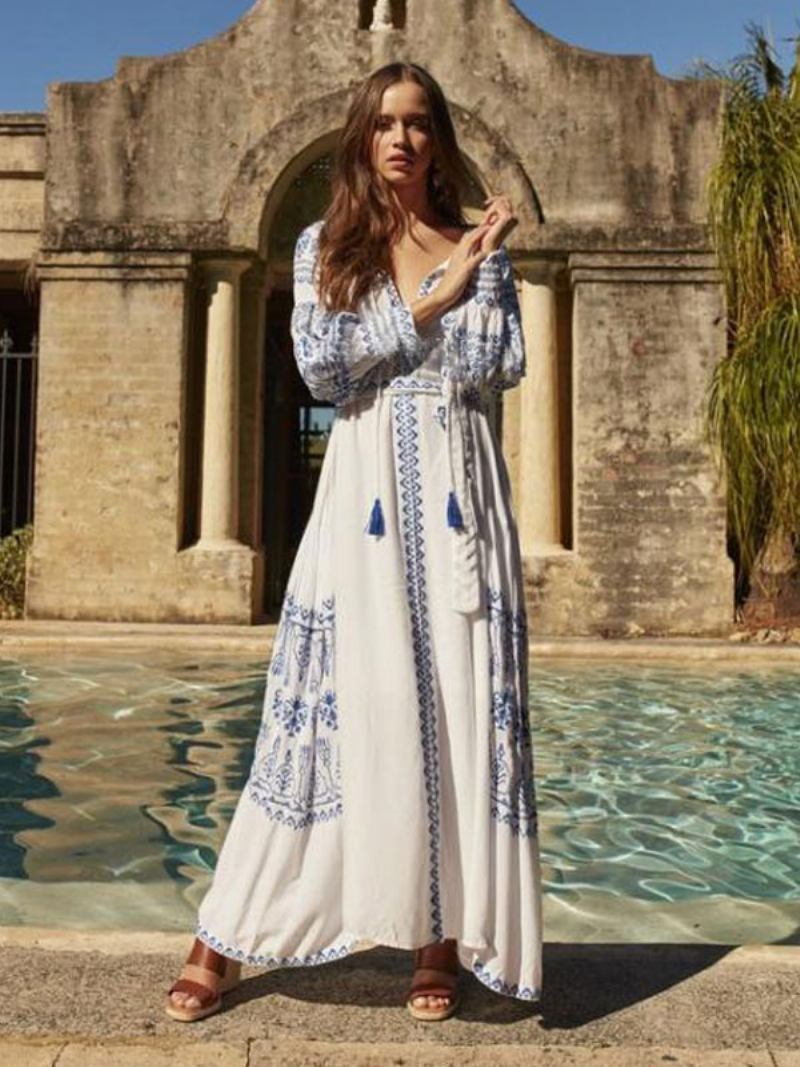 Vestido Boho Com Decote Em V Mangas Compridas Boêmio Cigano Praia Férias Branco Primavera Verão Maxi Cinto Para Mulheres - Branco