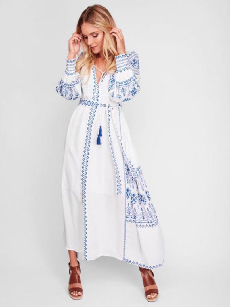 Vestido Boho Com Decote Em V Mangas Compridas Boêmio Cigano Praia Férias Branco Primavera Verão Maxi Cinto Para Mulheres - Branco