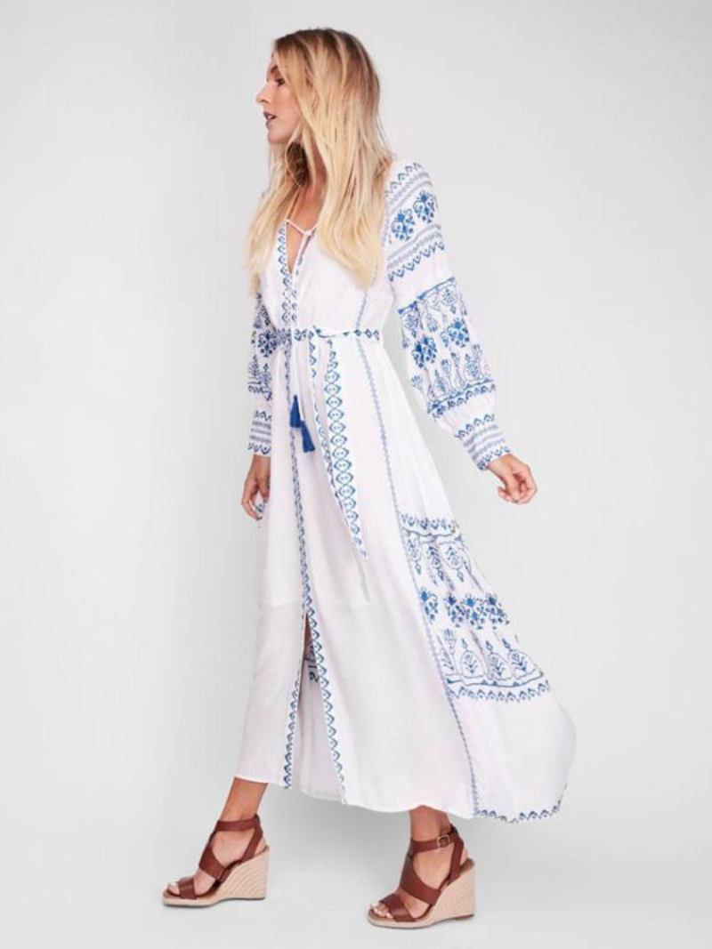 Vestido Boho Com Decote Em V Mangas Compridas Boêmio Cigano Praia Férias Branco Primavera Verão Maxi Cinto Para Mulheres - Branco