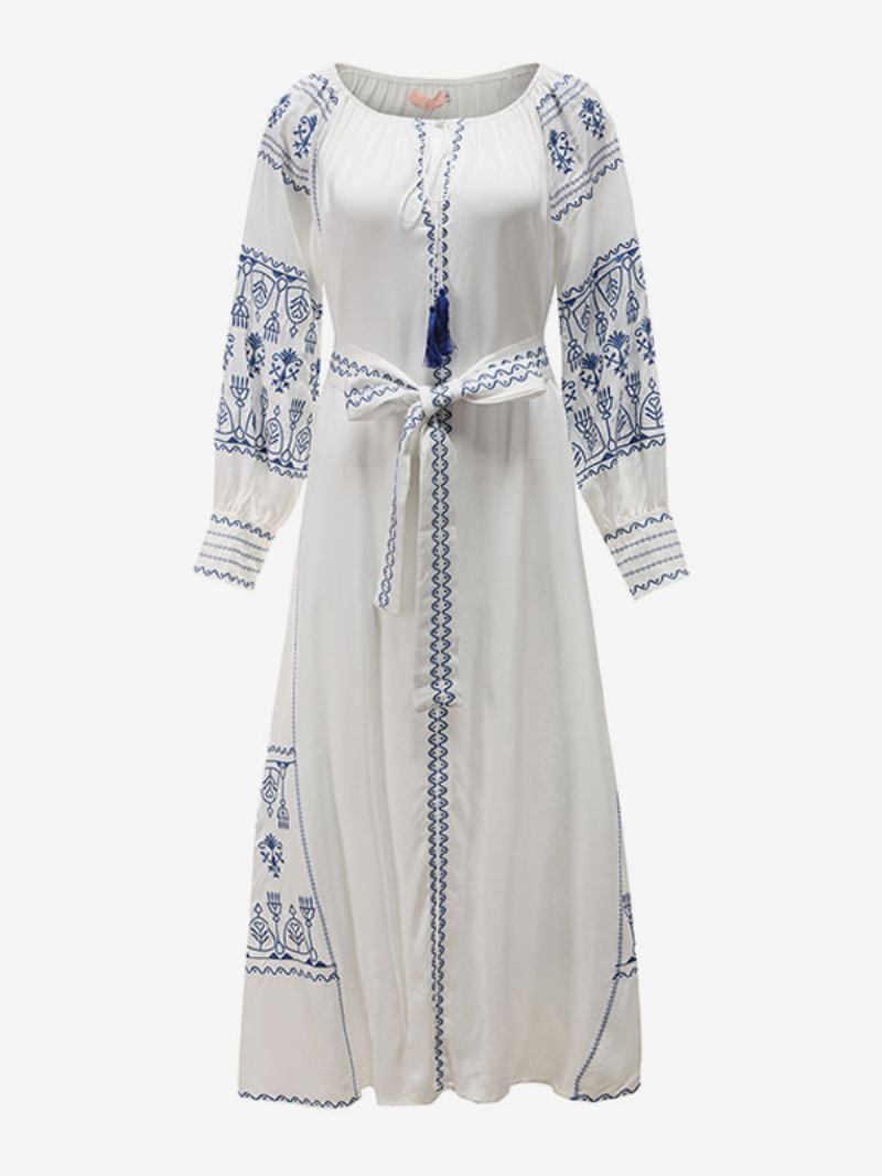 Vestido Boho Com Decote Em V Mangas Compridas Boêmio Cigano Praia Férias Branco Primavera Verão Maxi Cinto Para Mulheres - Branco