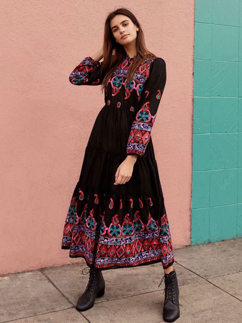 Vestido Boho Com Decote Em V Mangas Compridas Preto Bordado Boêmio Cigano Praia Férias Primavera Verão Longo Para Mulheres