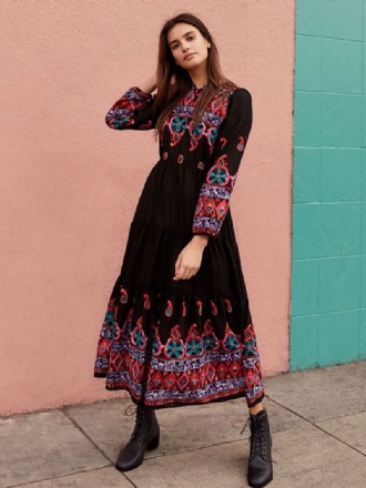 Vestido Boho Com Decote Em V Mangas Compridas Preto Bordado Boêmio Cigano Praia Férias Primavera Verão Longo Para Mulheres