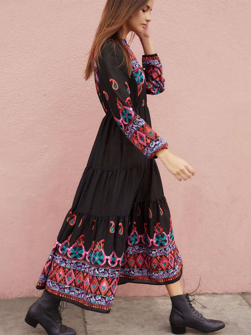 Vestido Boho Com Decote Em V Mangas Compridas Preto Bordado Boêmio Cigano Praia Férias Primavera Verão Longo Para Mulheres - Preto