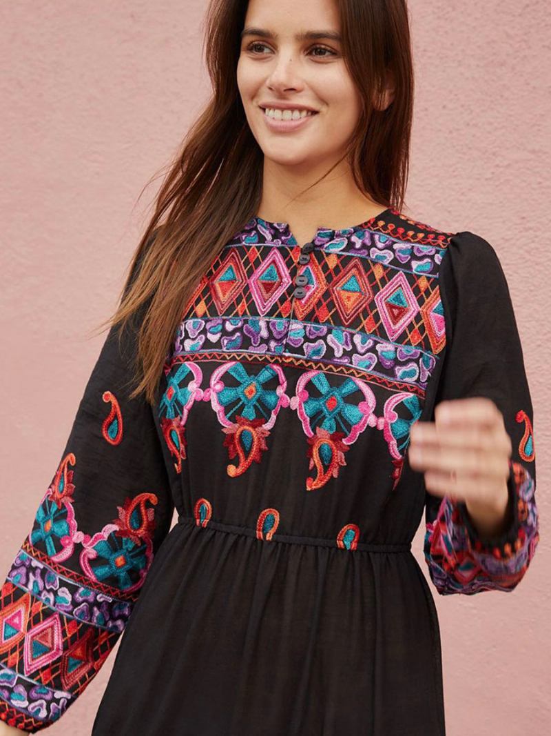 Vestido Boho Com Decote Em V Mangas Compridas Preto Bordado Boêmio Cigano Praia Férias Primavera Verão Longo Para Mulheres - Preto