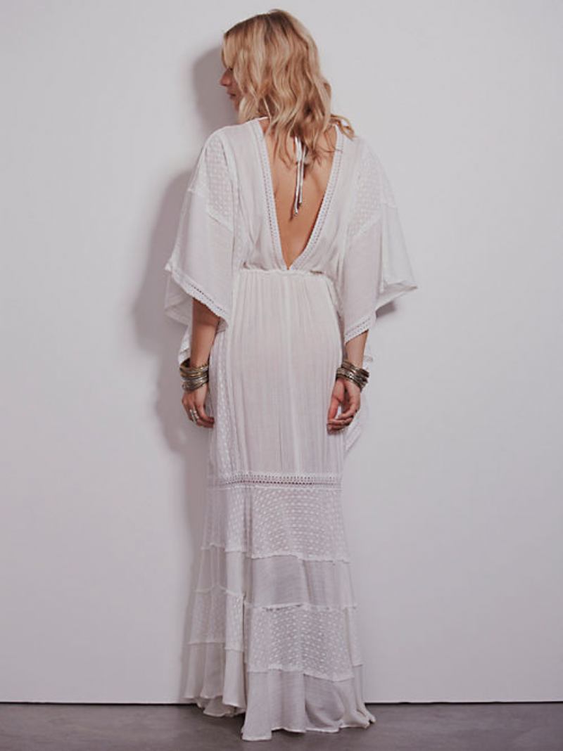 Vestido Boho Com Decote Em V Profundo Branco Mangas 3/4 Comprimento Boêmio Cigano Praia Férias Primavera Verão Maxi Para Mulheres - Branco