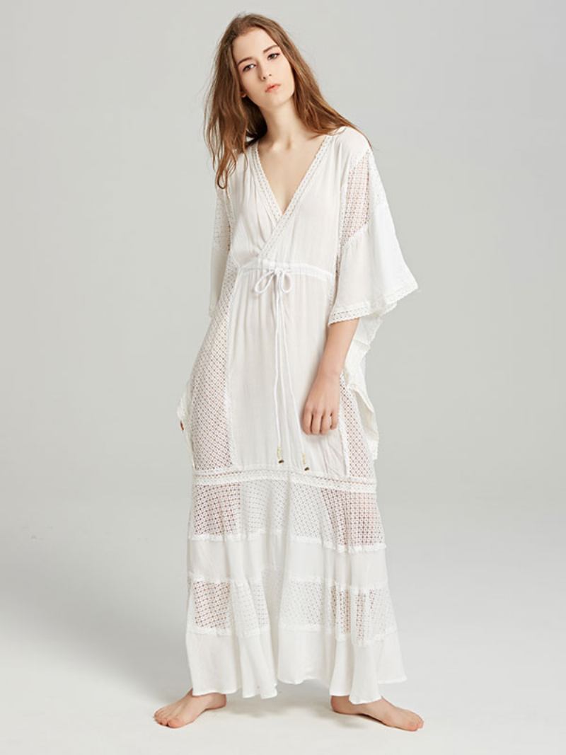 Vestido Boho Com Decote Em V Profundo Branco Mangas 3/4 Comprimento Boêmio Cigano Praia Férias Primavera Verão Maxi Para Mulheres - Branco