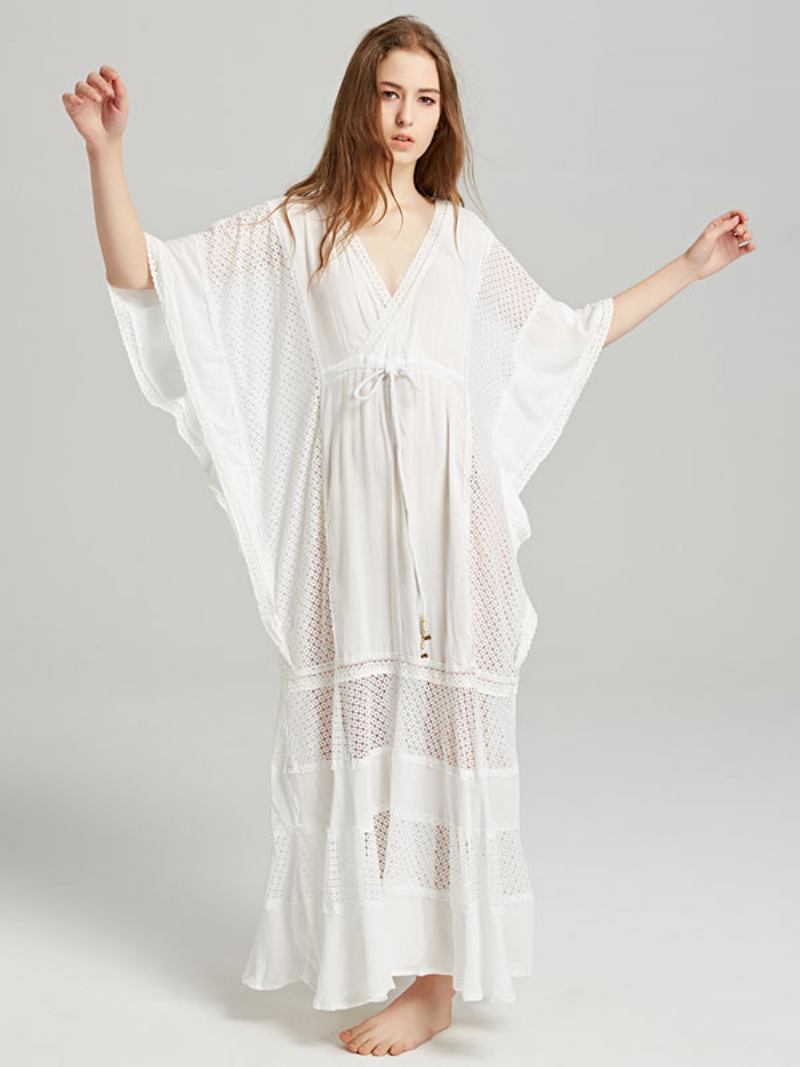 Vestido Boho Com Decote Em V Profundo Branco Mangas 3/4 Comprimento Boêmio Cigano Praia Férias Primavera Verão Maxi Para Mulheres - Branco