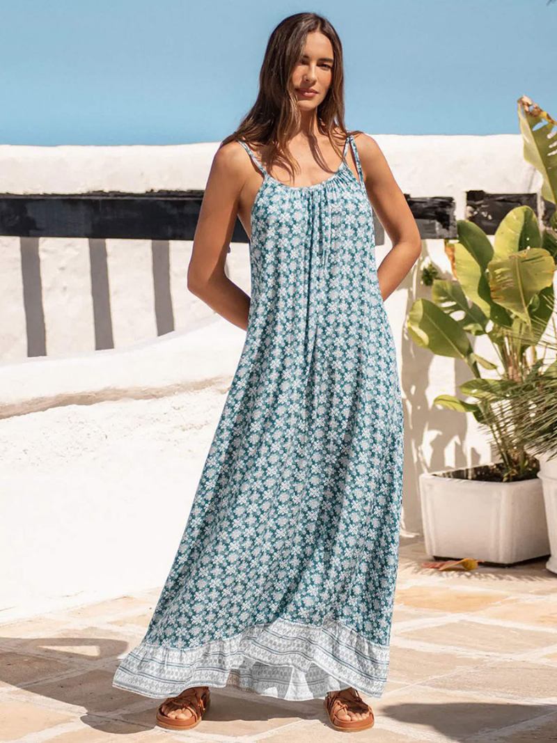 Vestido Boho Feminino Com Alças Finas E Pescoço Sem Mangas Estampado Praia Grande