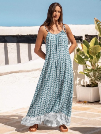 Vestido Boho Feminino Com Alças Finas E Pescoço Sem Mangas Estampado Praia Grande