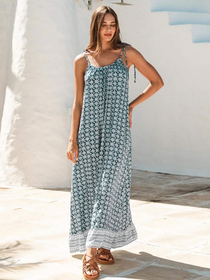 Vestido Boho Feminino Com Alças Finas E Pescoço Sem Mangas Estampado Praia Grande - Azul Céu Claro