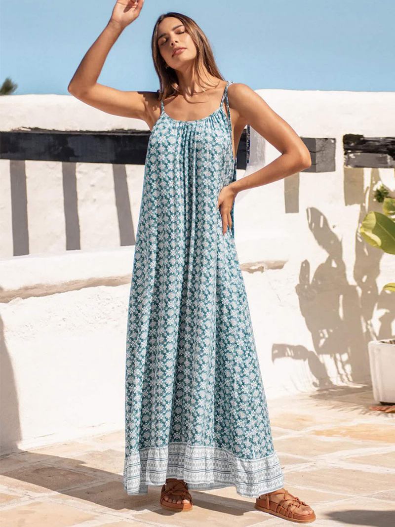 Vestido Boho Feminino Com Alças Finas E Pescoço Sem Mangas Estampado Praia Grande - Azul Céu Claro