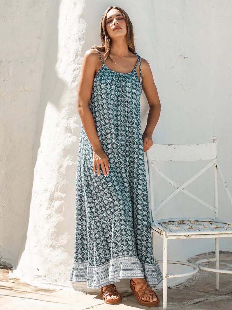 Vestido Boho Feminino Com Alças Finas E Pescoço Sem Mangas Estampado Praia Grande - Azul Céu Claro