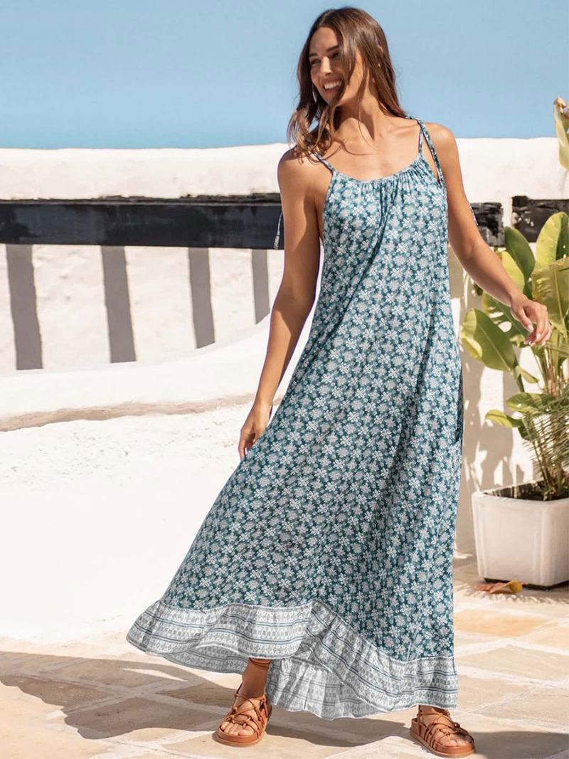 Vestido Boho Feminino Com Alças Finas E Pescoço Sem Mangas Estampado Praia Grande - Azul Céu Claro