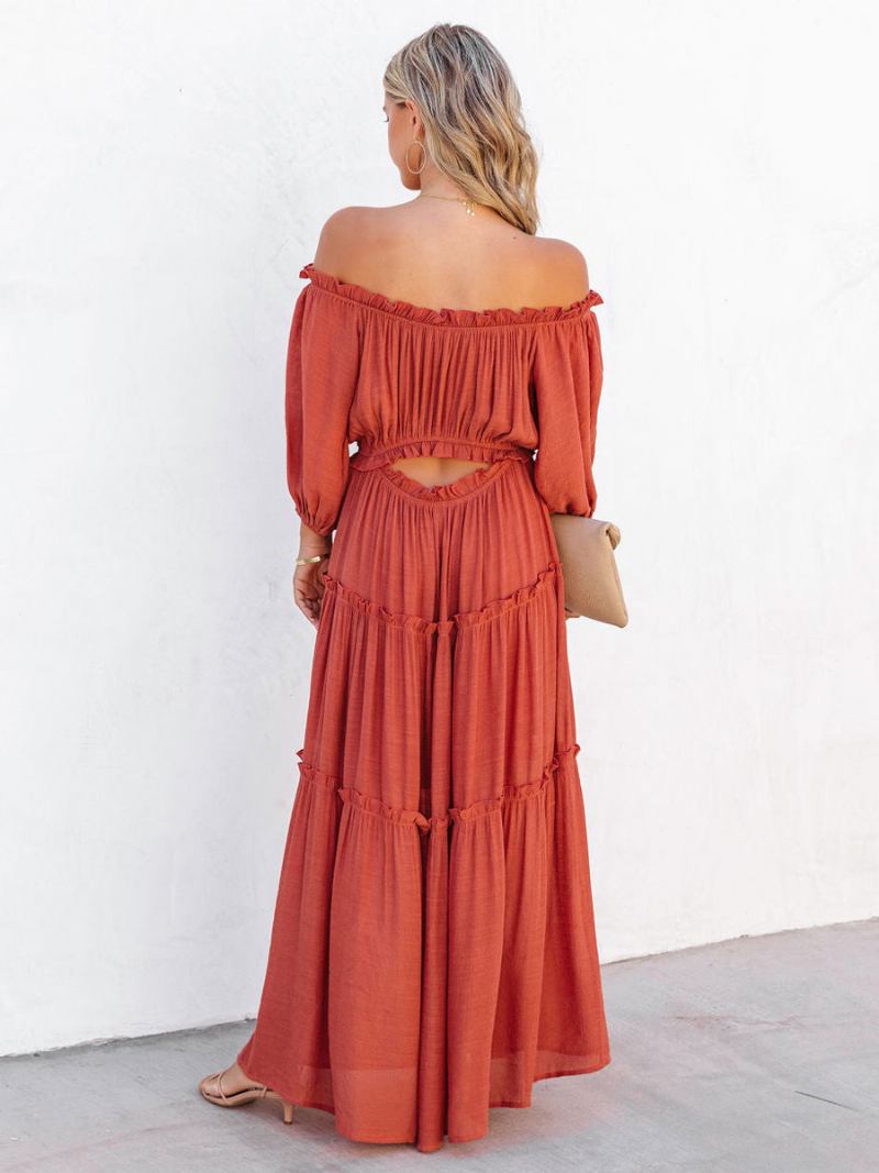 Vestido Boho Feminino Com Babados Nos Ombros Em Camadas Casuais Vestidos Maxi Verão - Laranja Vermelho