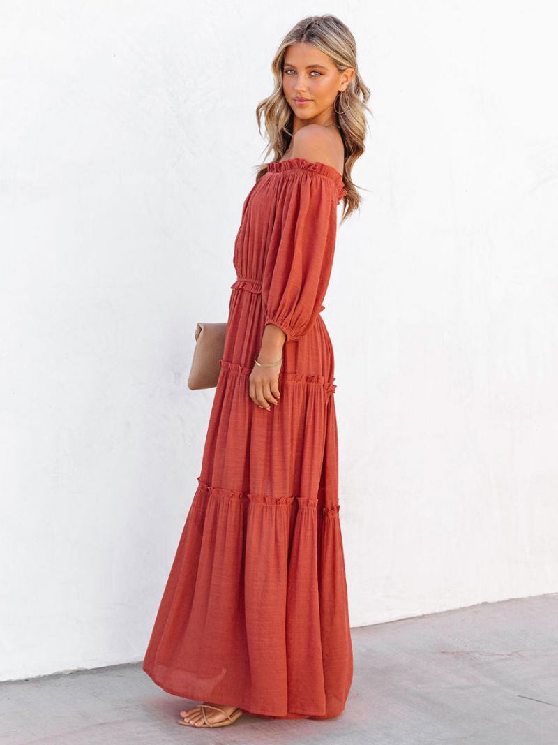 Vestido Boho Feminino Com Babados Nos Ombros Em Camadas Casuais Vestidos Maxi Verão - Laranja Vermelho