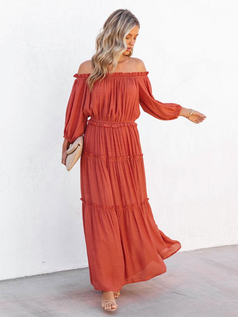 Vestido Boho Feminino Com Babados Nos Ombros Em Camadas Casuais Vestidos Maxi Verão - Laranja Vermelho