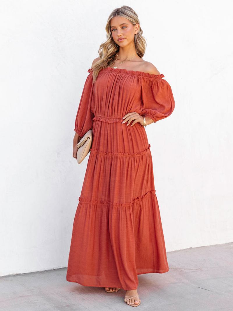 Vestido Boho Feminino Com Babados Nos Ombros Em Camadas Casuais Vestidos Maxi Verão - Laranja Vermelho