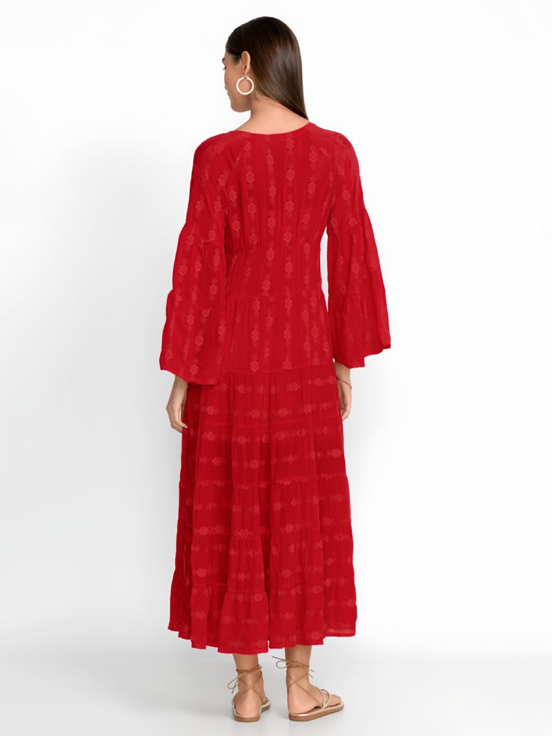 Vestido Boho Feminino Com Botões Decote Em V Mangas 3/4. Praia - Vermelho