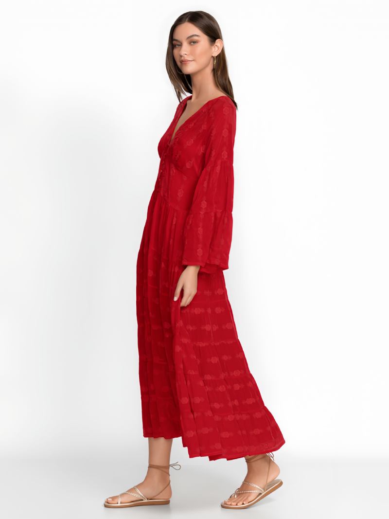 Vestido Boho Feminino Com Botões Decote Em V Mangas 3/4. Praia - Vermelho