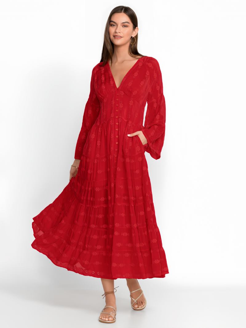 Vestido Boho Feminino Com Botões Decote Em V Mangas 3/4. Praia - Vermelho