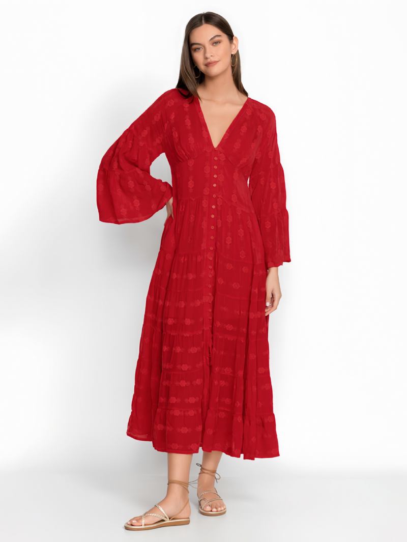 Vestido Boho Feminino Com Botões Decote Em V Mangas 3/4. Praia - Vermelho