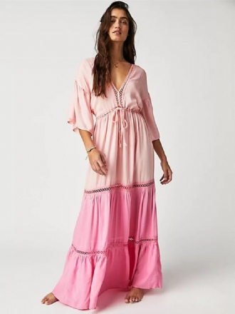 Vestido Boho Feminino Com Decote Em V Corte Baixo Babados Nas Costas Vestidos Maxi Ocos Camadas